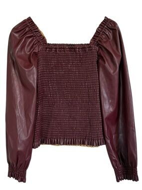 Ever After Faux Leather Smocked Puff Sleeve Top Burgundy Women’s M